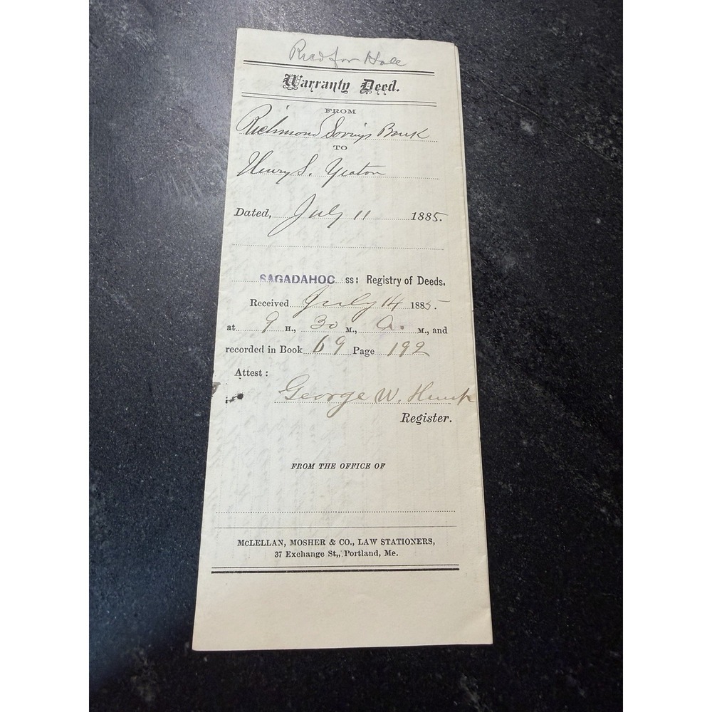 1885 Maine Warranty Deed Richmond Savings Bank Sagadahoc County Antique Document